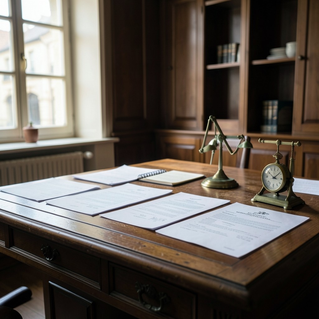 Bureau de consultation en droit du travail avec documents contractuels et instruments de précision