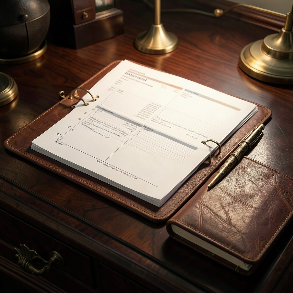 Documents contractuels organisés sur un bureau avec carnet de notes et stylo